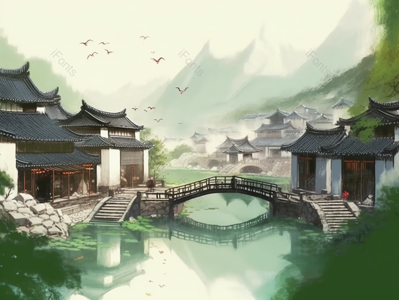 乡村建筑小桥流水中国风水墨画,插画/手绘图,插画/手绘图库,插画/手绘图下载,插画/手绘